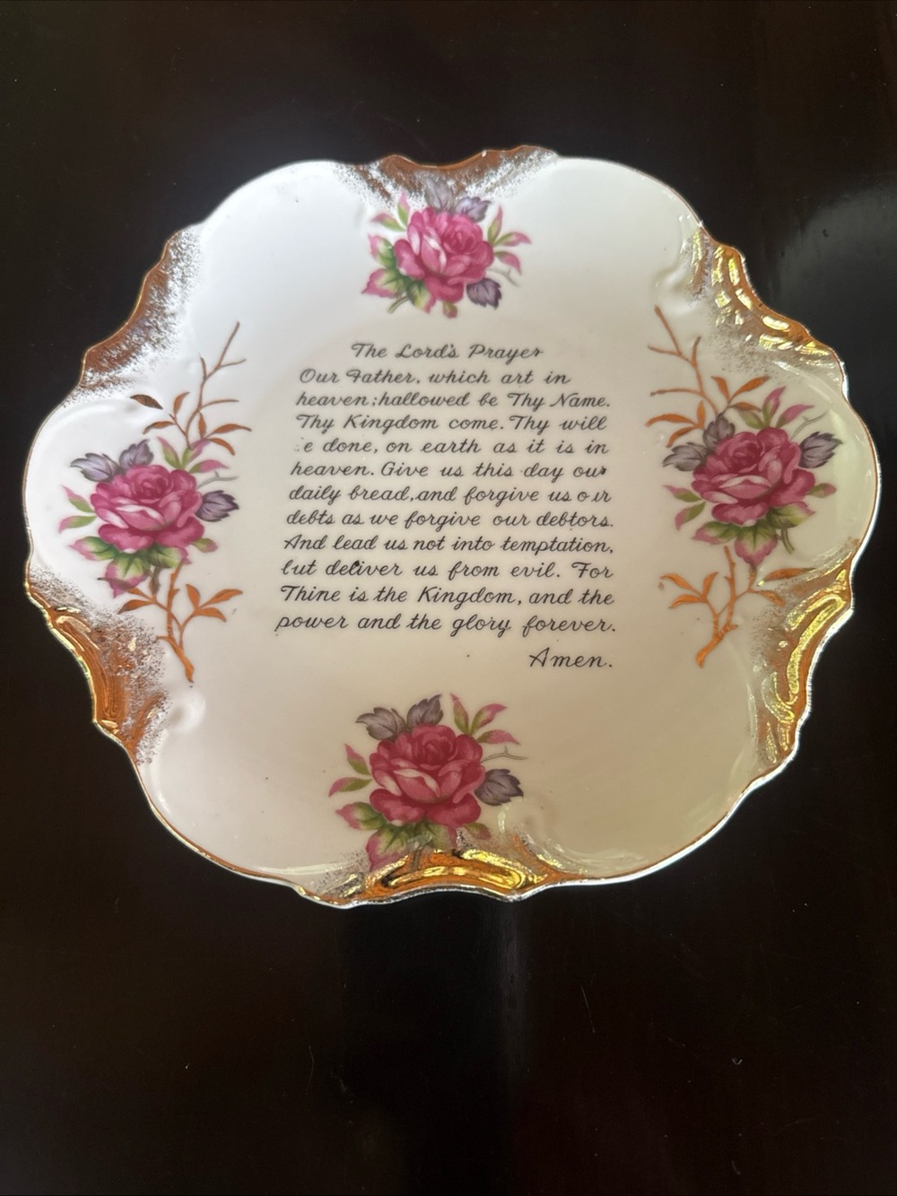 Vintage Lord’s Prayer Plate Pink Roses Gold Trim 8” Decorative Plate Japan